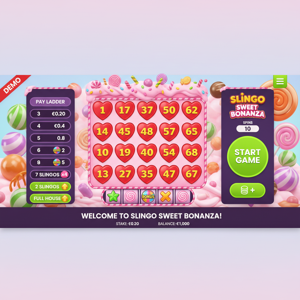 Slingo Sweet Bonanza 5x5 Bingo-Raster mit bunten Herz-Bonbons, Lollipops, Regenbogen-Candys und rosa Zuckerwatte-Wolken im Hintergrund