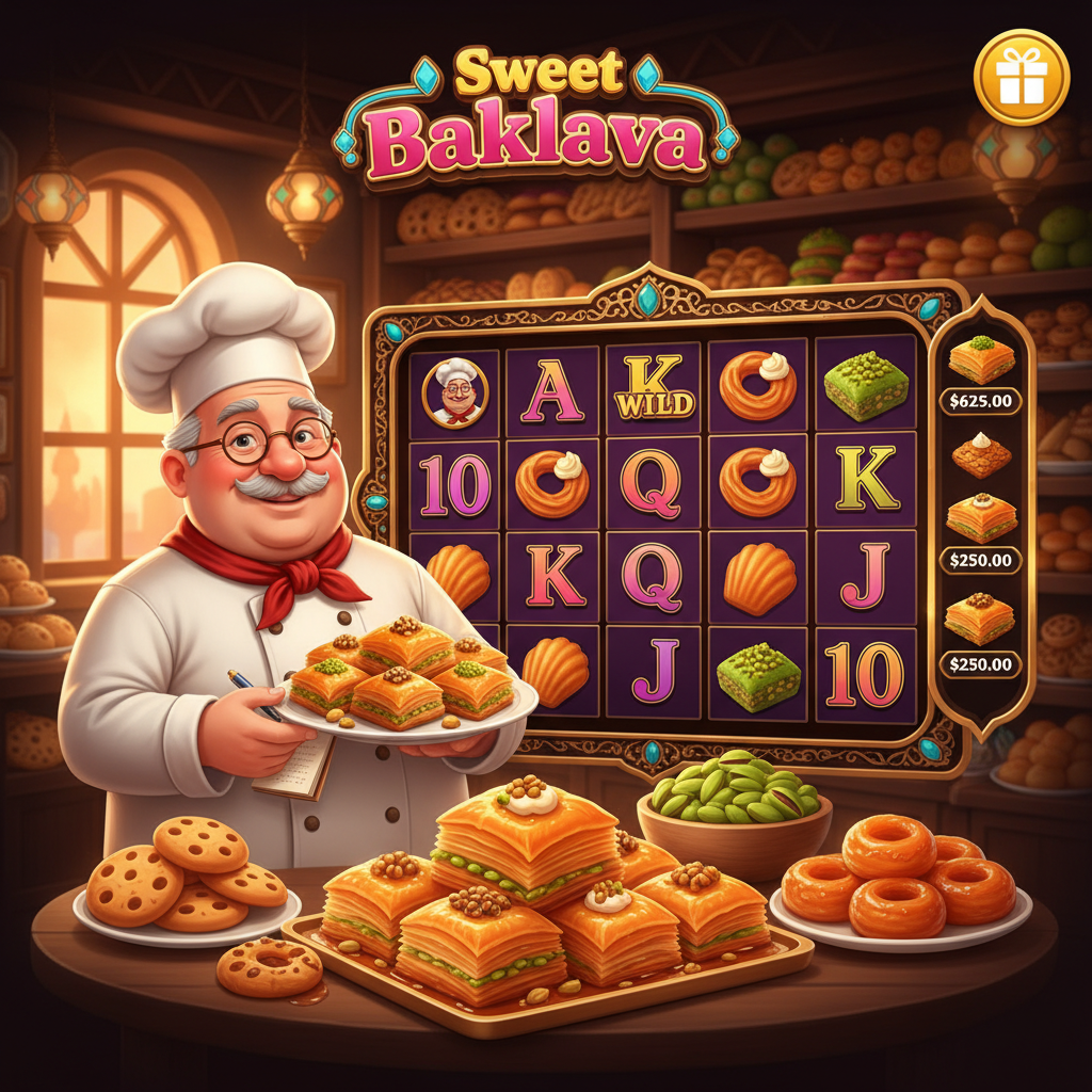 Sweet Baklava Slot – türkische Bäckerei mit goldenem Baklava, Tulumba-Gebäck und freundlichem Koch-Charakter vor warmem Regal mit Süßspeisen
