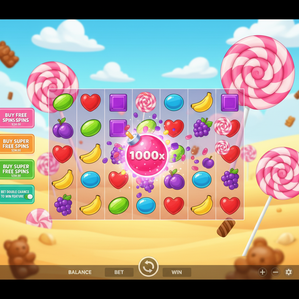 Sweet Bonanza 1000 Slot mit bunten Bonbons, Herz-Symbolen, Früchten und spiralförmigen Lollipops vor Wüstenhintergrund