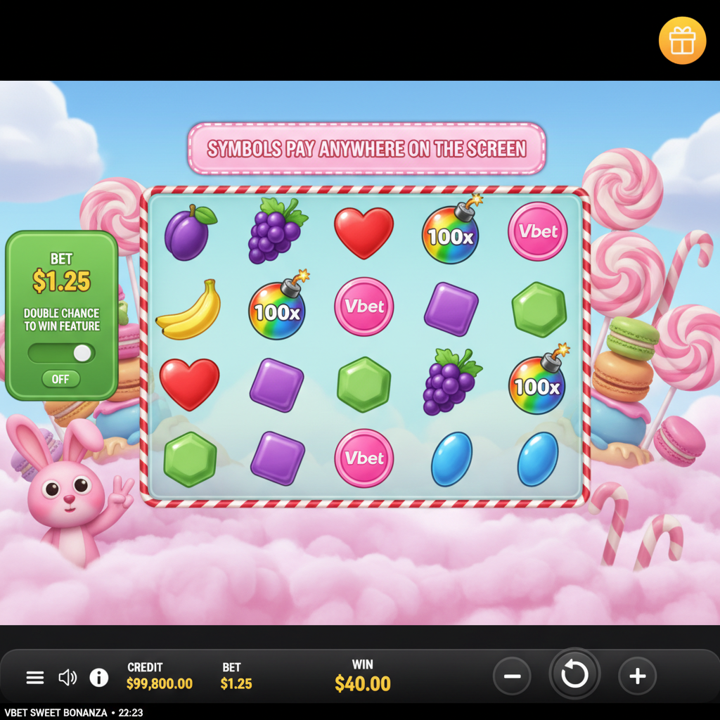 Sweet Bonanza Slot mit bunten Früchten, Bonbons, Herz-Symbol, Trauben, Bananen und Vbet Lollipop Scatter in süßer Candy-Welt
