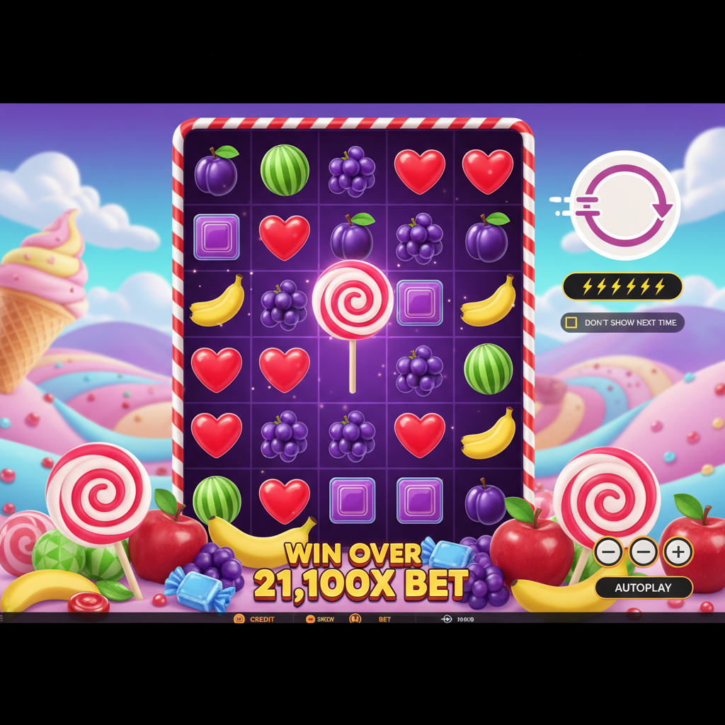 Sweet Bonanza Slot mit bunten Süßigkeiten, Früchten wie Bananen, Trauben und Äpfeln, Lutscher-Scatter-Symbolen und lila Spielfeld mit Bonbon-Rand
