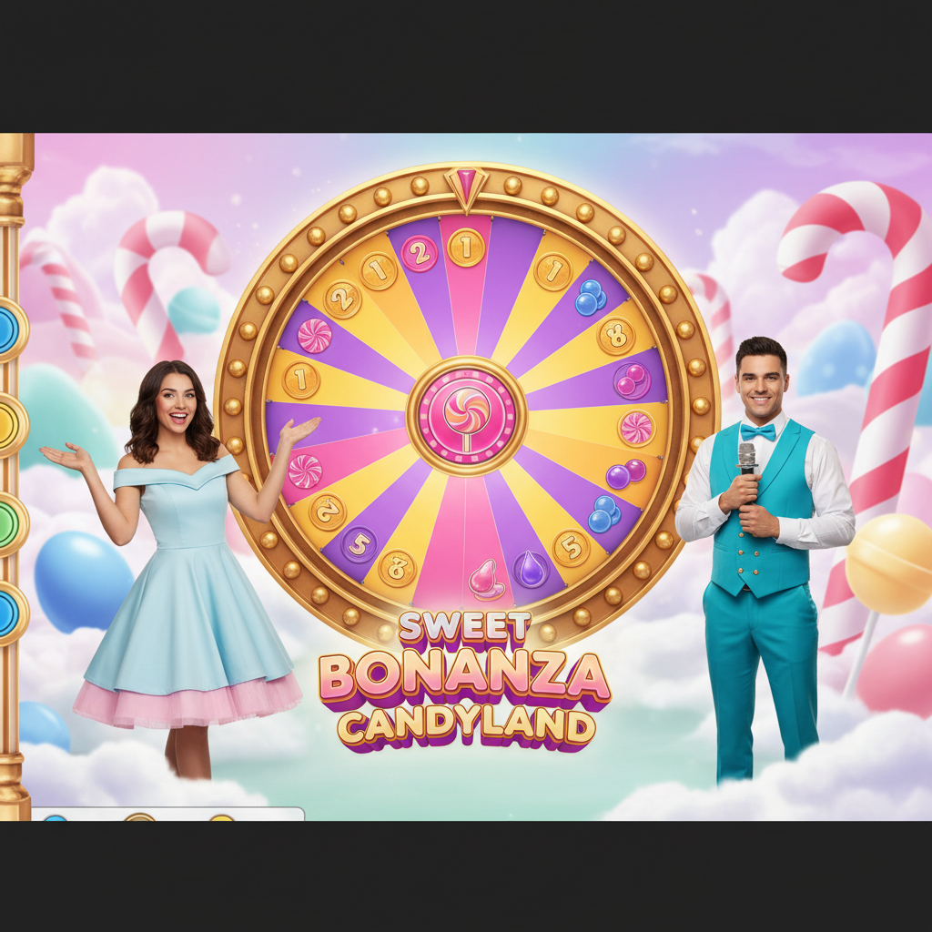 Sweet Bonanza CandyLand Live Casino Rad mit Moderatoren in bunter Candy-Landschaft, leuchtende Bonussegmente, Lollipop-Logo in der Mitte