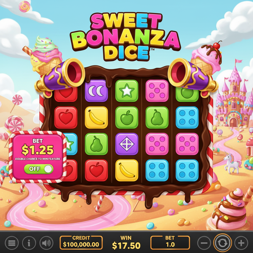 Sweet Bonanza Dice Slot mit buntem Würfel-Raster, Candy-Thema, Herz-, Mond- und Stern-Symbolen auf Zuckerwatte-Hintergrund