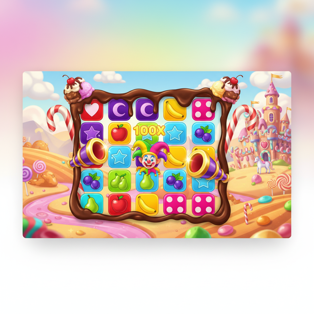 Sweet Bonanza Dice Spielfeld mit bunten Würfel-Symbolen, Herz, Mond, Sternen, Früchten und Süßigkeiten auf Candy-Land-Hintergrund mit Zuckerstangen und Eiscreme-Dekoration