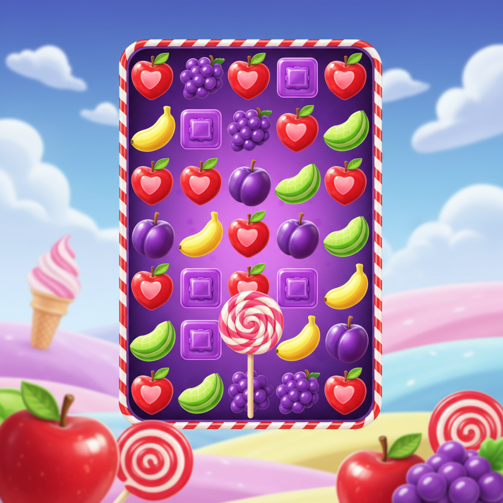 Sweet Bonanza Slot mit bunten Frucht- und Bonbon-Symbolen, pinken Lollipop-Scatter und violettem Spielfeld mit Zuckerstangen-Rahmen