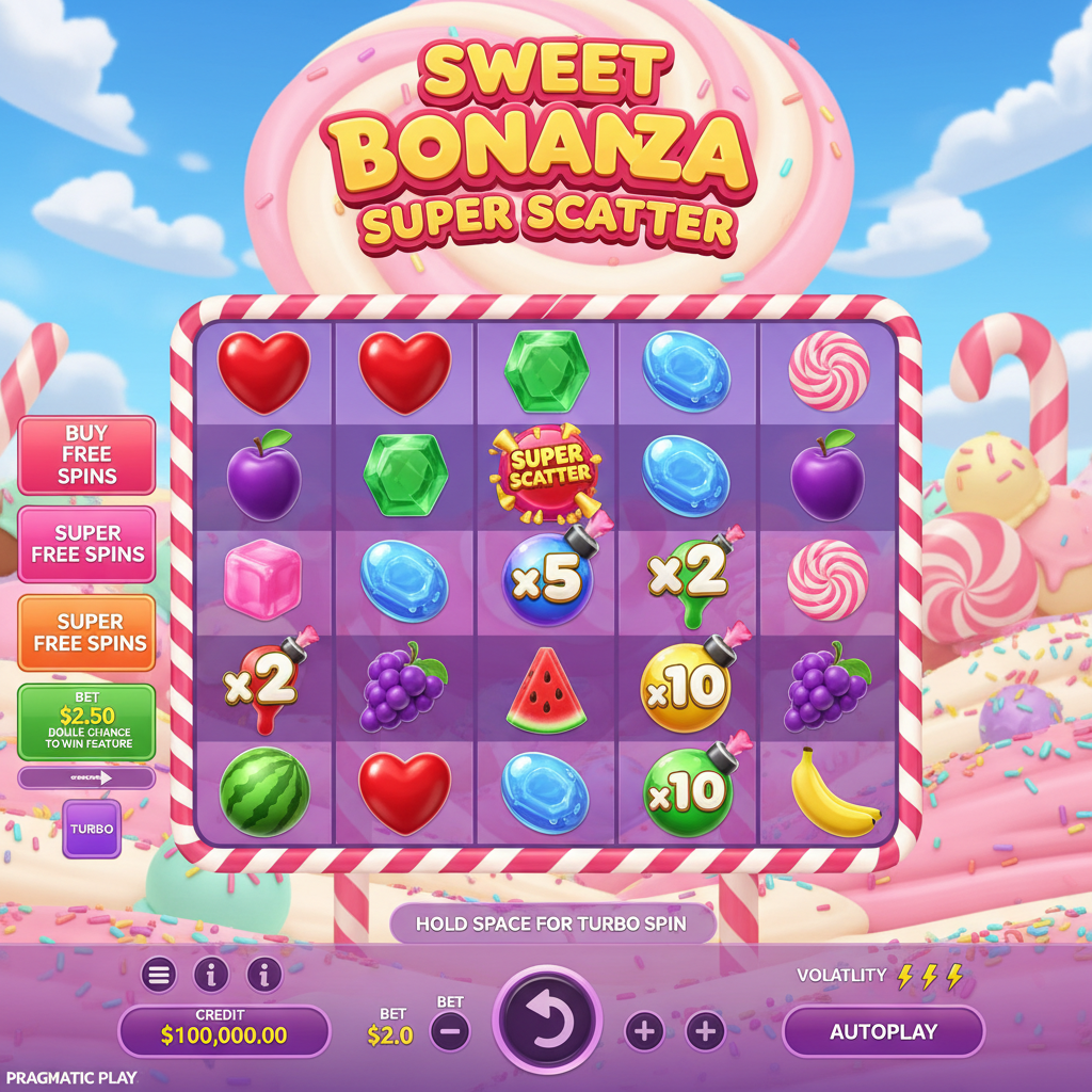 Sweet Bonanza Super Scatter Slot mit Bonbons, Lollipops, Früchten und bunten Candy-Symbolen auf 6x5 Grid mit pinkem Hintergrund und Zuckerwatte-Landschaft