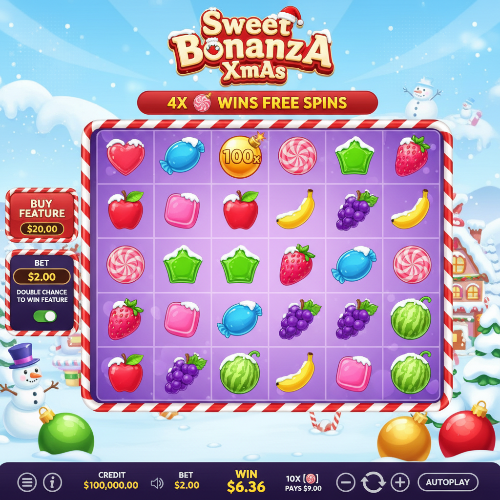 Sweet Bonanza Xmas Weihnachts-Slot mit bunten Bonbons, Früchten, Lollipop-Scatter und goldenen Multiplikator-Bomben auf verschneitem 6x5 Spielfeld