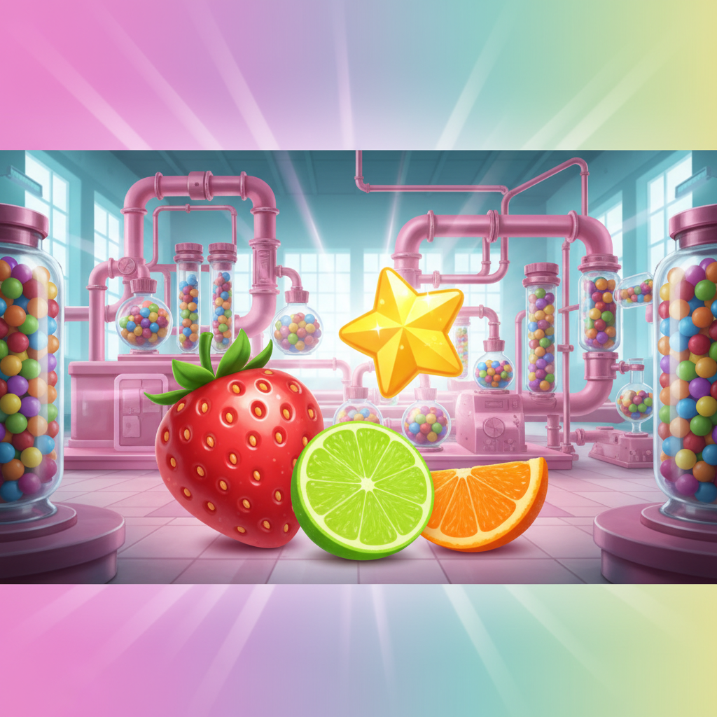 Sweet Burst Slot mit bunten Süßigkeiten-Symbolen, Erdbeere, Limette, Orange, Stern im Candy-Labor