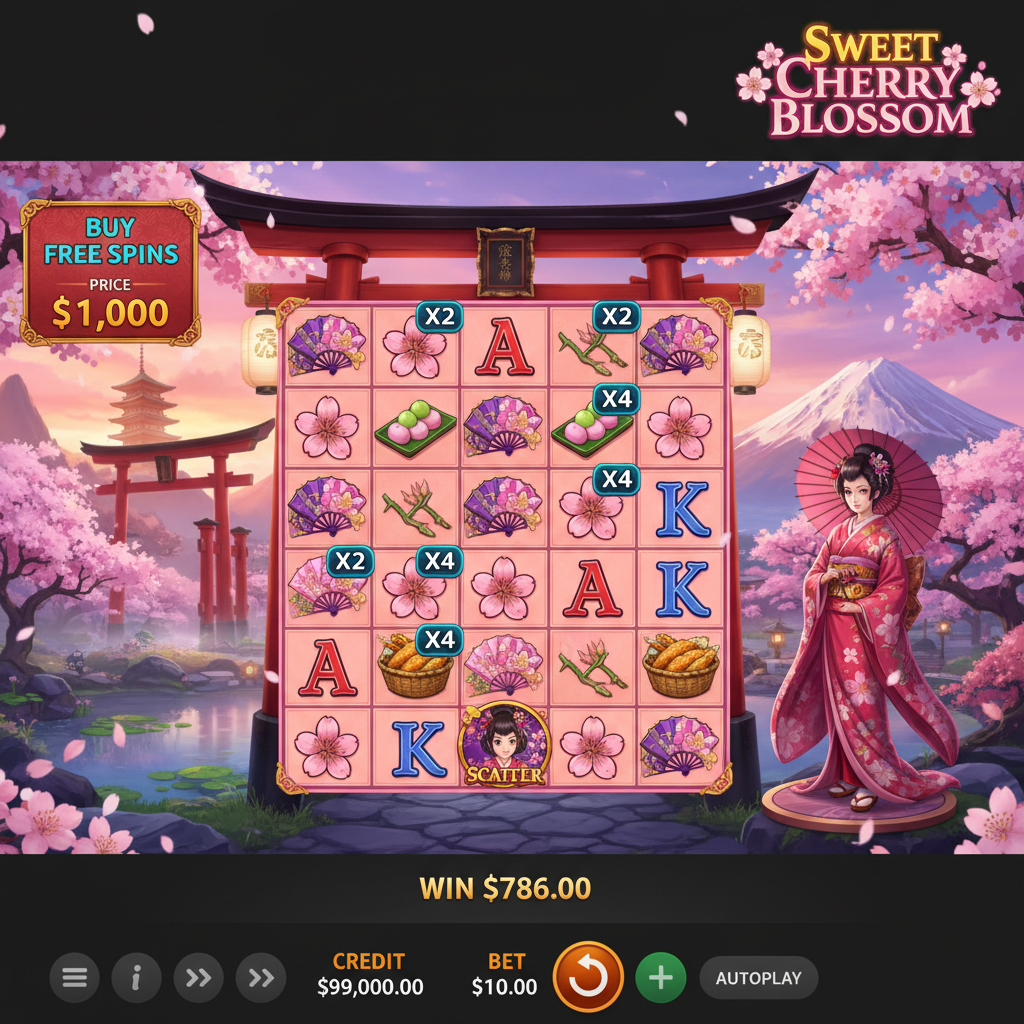 Sweet Cherry Blossom Slot mit japanischem Garten, rosa Kirschblüten, traditionellem Torii-Tor, 7x7 Gitter und Geisha-Charakter vor Pagode und Mount Fuji bei Dämmerung