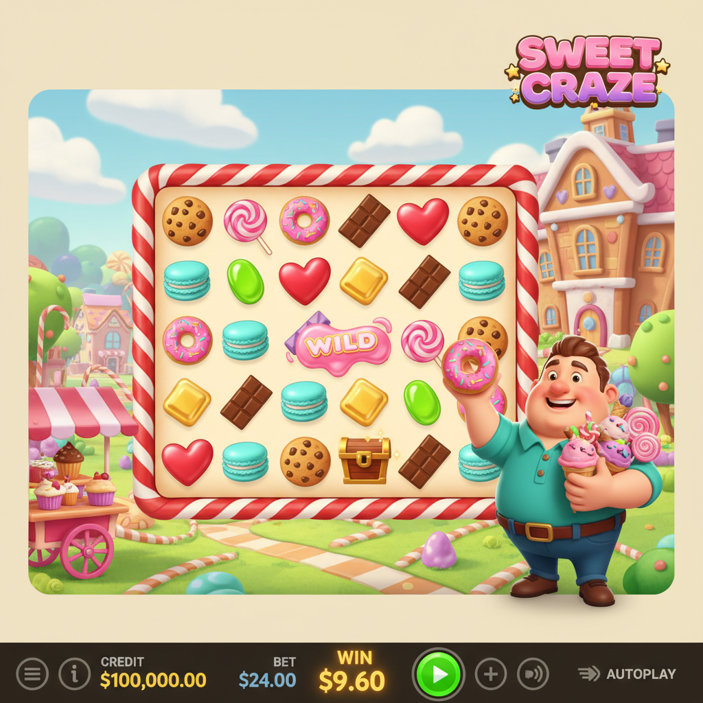 Sweet Craze Spielautomat mit bunter Süßigkeiten-Welt, 7x7 Raster, Keks-, Donut- und Schokoladen-Symbolen