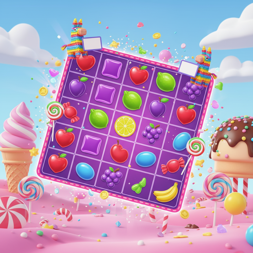 Sweet Fiesta Slot mit bunten Bonbon-Symbolen, Früchten und Multiplikatoren auf 6x5 Spielfeld in Candy-Land-Szenerie