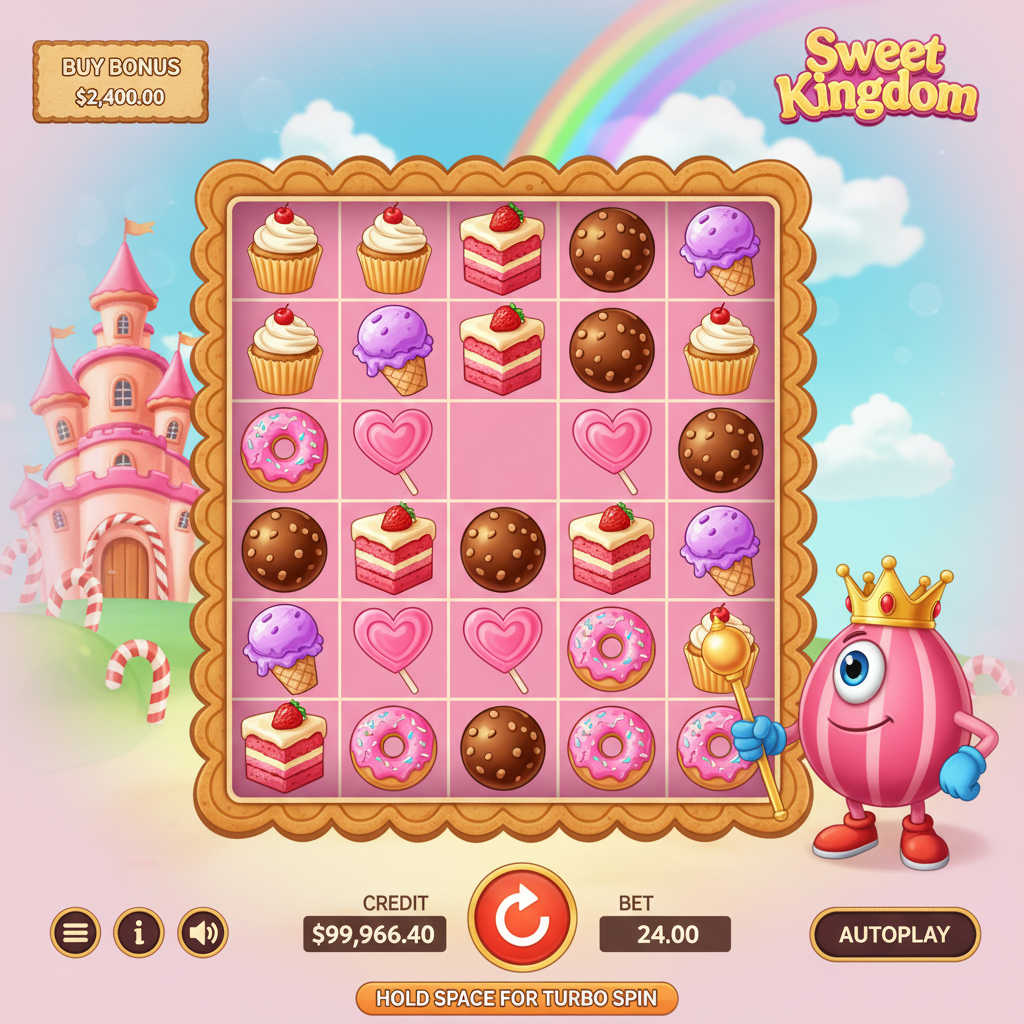 Sweet Kingdom Slot von Pragmatic Play mit 7x7 Raster, Süßigkeitensymbolen, rosa Schloss und König-Maskottchen mit goldener Krone