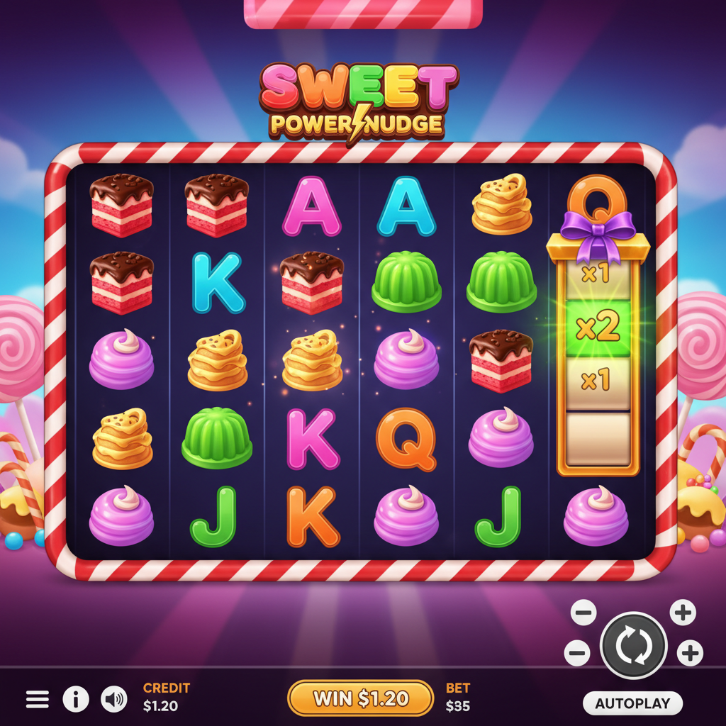 Sweet PowerNudge Slot mit bunten Süßigkeiten-Symbolen, Multiplier-Walze und 6x5 Cluster-Walzen mit Candy-Cane-Rahmen